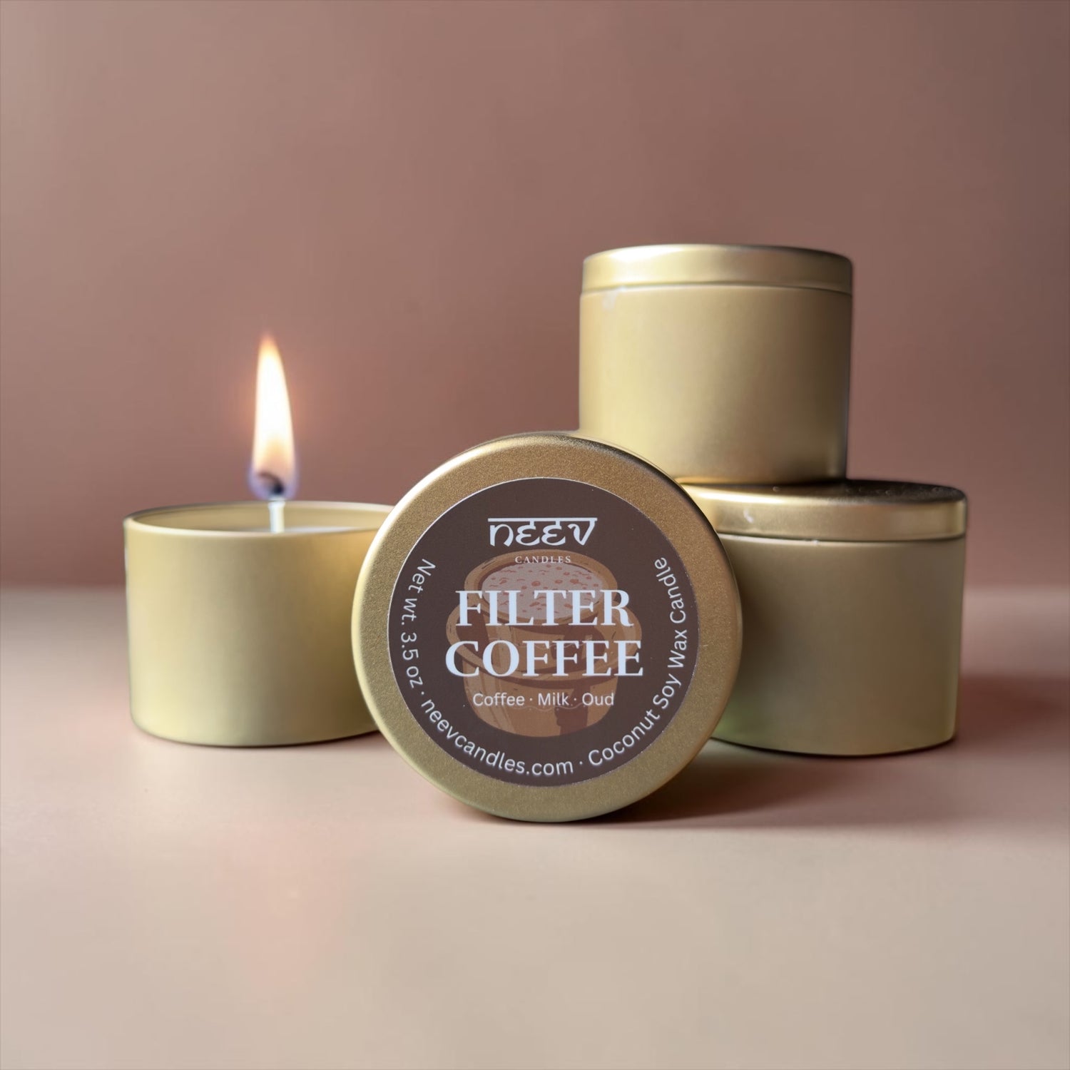 Neev Candles Filter Coffee scented candle tin in deep espresso brown, South Indian coffee fragrance

