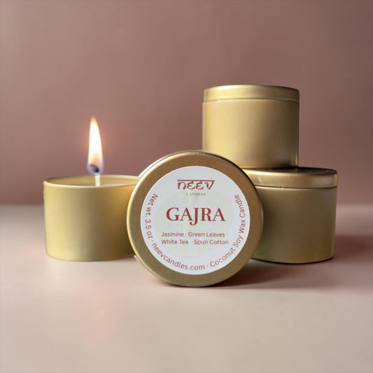 Neev Candles Gajra scented candle in cream and ivory tin, jasmine honeysuckle fragrance
